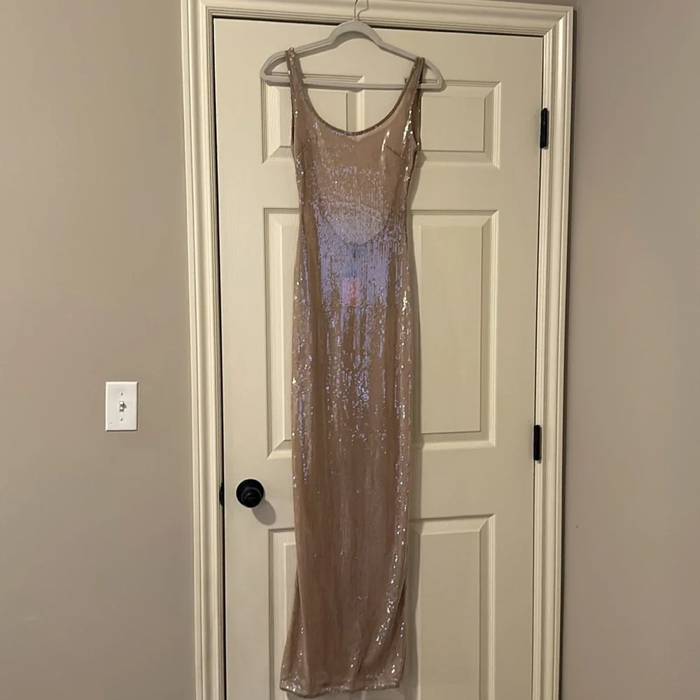 PrettyLittleThing Nude Celebrity Red Carpet Costume Gown Coverup Sequins Dress - Picture 7 of 12